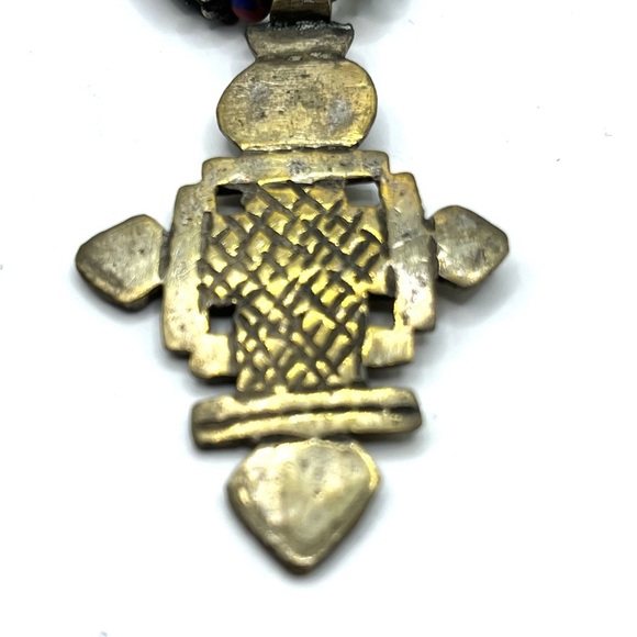 Colorful Beaded Necklace with Brass Coptic Cross Pendant  Unique Original - Picture 5 of 10